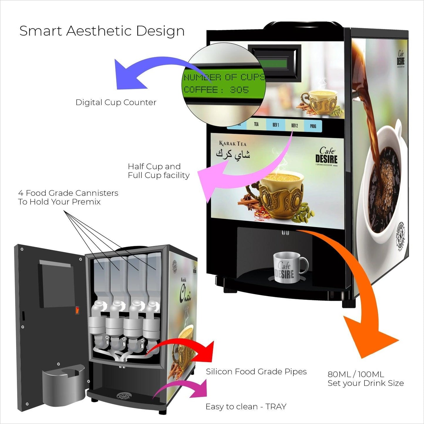 Coffee Machine 4 Lane | Four Beverage Options | Fully Automatic Tea & Coffee Vending Machine | For Offices, Shops and Smart Homes | Make 4 Varieties of Coffee Tea with Premix | No Milk, Tea, Coffee Powder Required - cd-usa.com