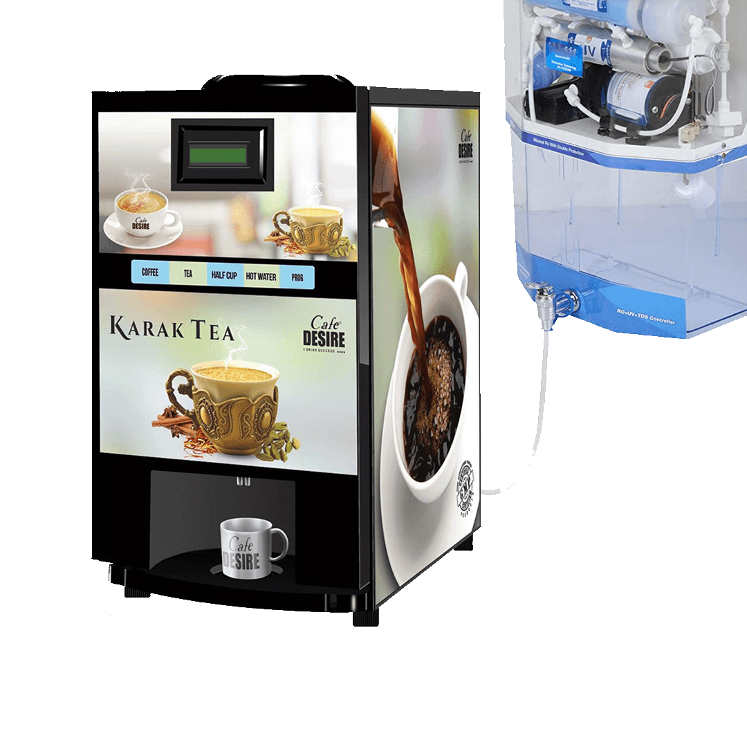 Online Option - RO Direct Water Inlet - Coffee Tea Vending Machine - 2 Lane | Two Beverage Options | Fully Automatic Tea & Coffee Vending Machine | For Offices, Shops and Smart Homes | Make 2 Varieties of Coffee Tea with Premix - cd-usa.com
