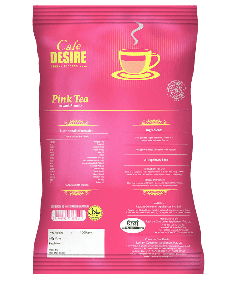 Pink Tea Premix 1Kg | Makes 40 Cups(8 oz) | 3 in 1 | Milk not required | For Manual Use - Just add Hot Water | Suitable for all Vending Machines | Mixture of Aromatic Herbs & Spices including Almond - Saffron - cd-usa.com