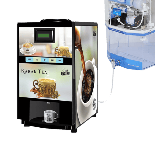 Online Option - RO Direct Water Inlet - Coffee Tea Vending Machine - 4 Lane | Four Beverage Options | Fully Automatic Tea & Coffee Vending Machine | For Offices, Shops and Smart Homes | Make 4 Varieties of Coffee Tea with Premix - cd-usa.com