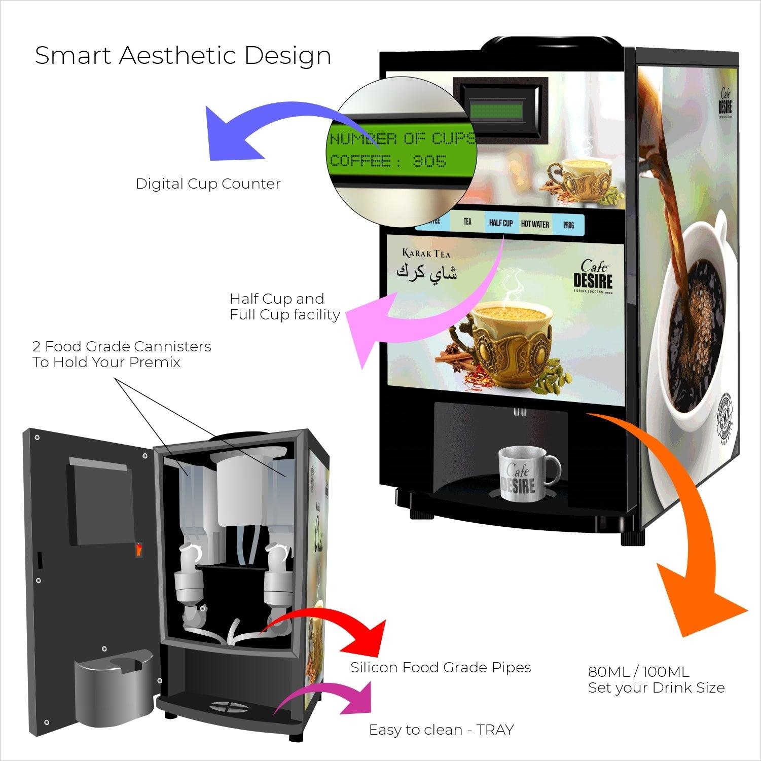 Pump Model - Coffee Tea Vending Machine - 2 Lane | Two Beverage Options | Fully Automatic Tea & Coffee Vending Machine | For Offices, Shops and Smart Homes | Make 2 Varieties of Coffee Tea with Premix - cd-usa.com